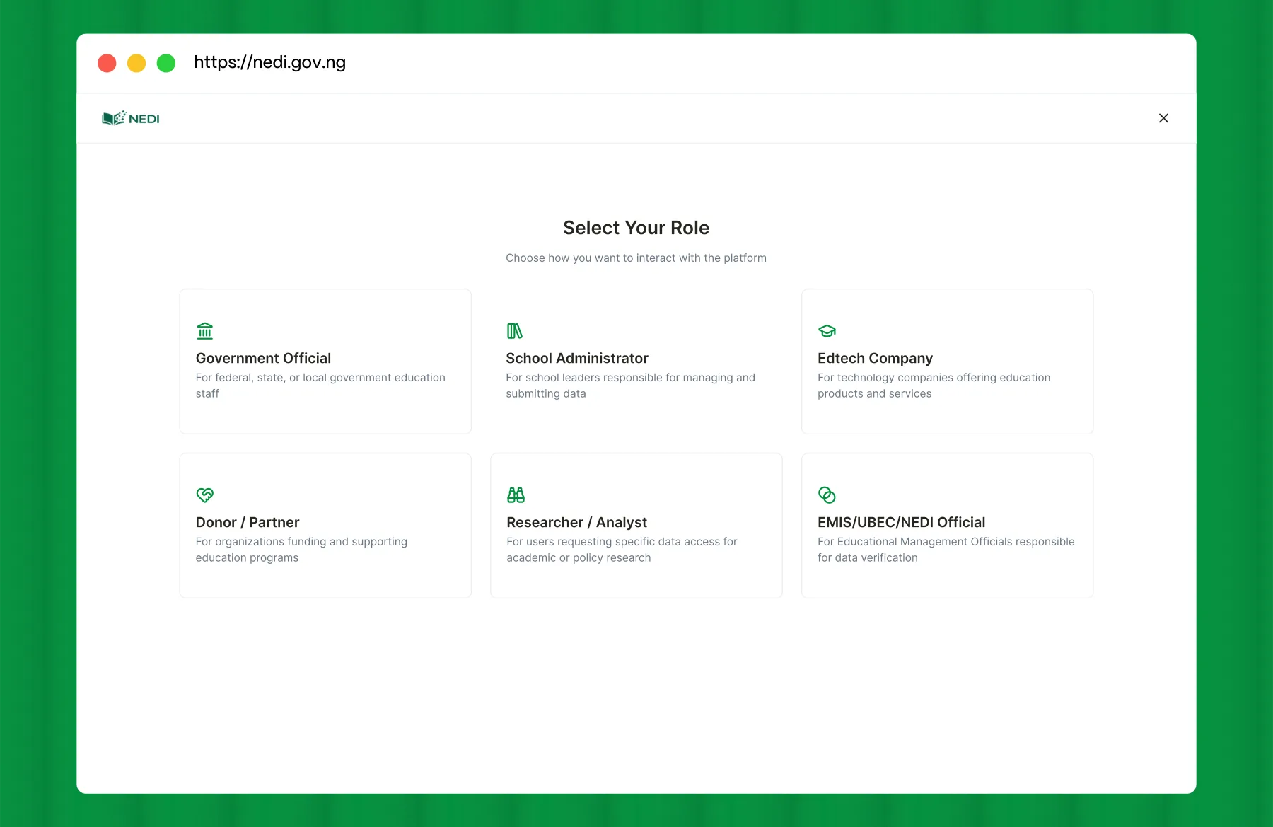 NEDI — onboarding, choose your access path